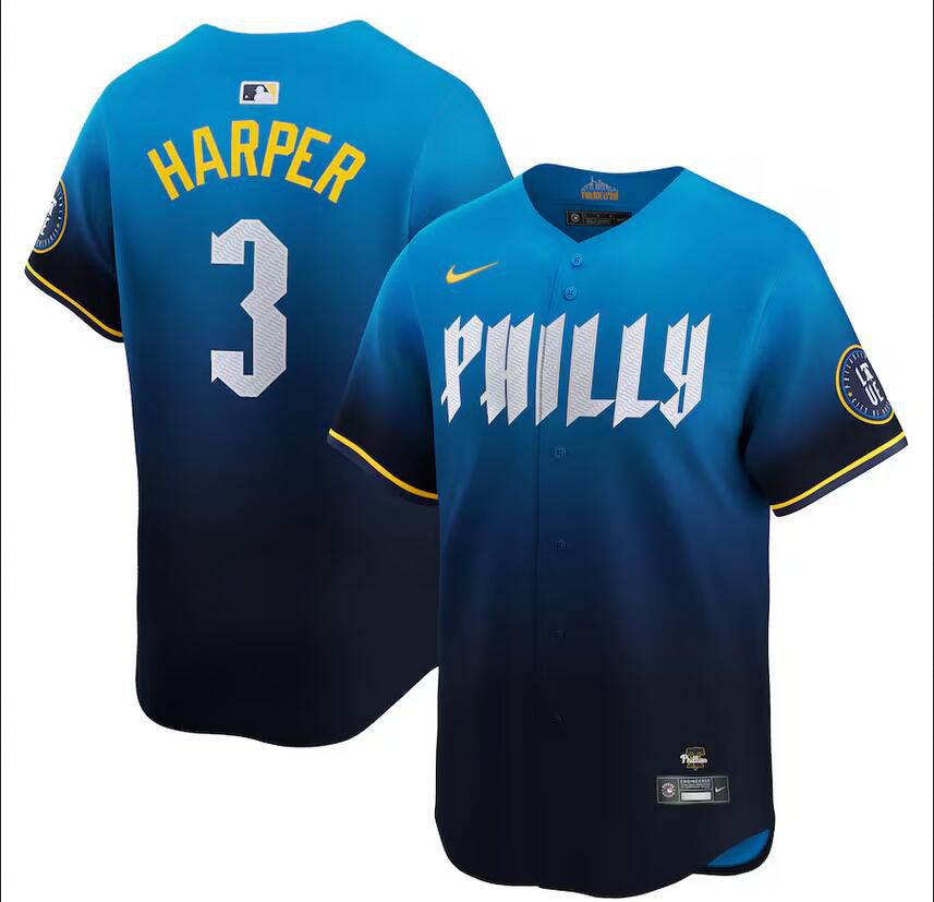 Men Philadelphia Phillies 3 Bryce Harper Nike Blue 2024 City Connect Limited Player Jersey